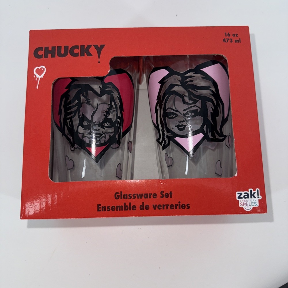 NIB Zak! CHUCKY -‎ Love Chucky & Tiffany Glassware SET OF 2 PINT GLASSES 16 oz.